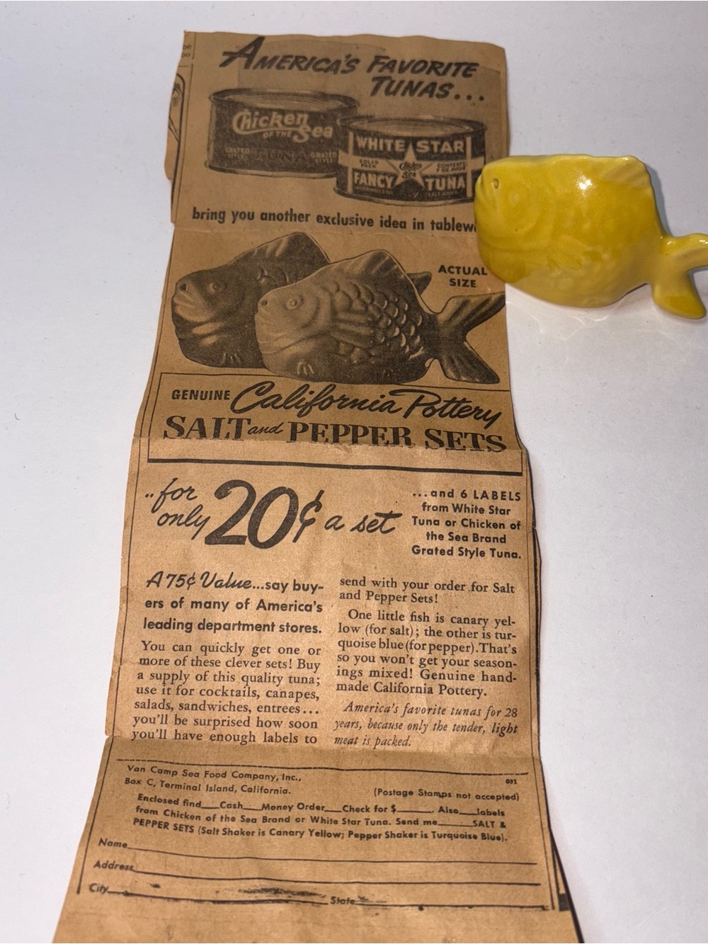 Vintage Fish Chicken of the Sea Salt Shaker Ceramic w/Original Newspaper Article